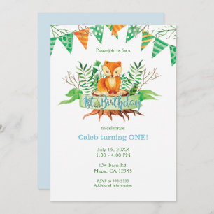 Little Fox Forest Waterverf 1st Birthday Party Kaart