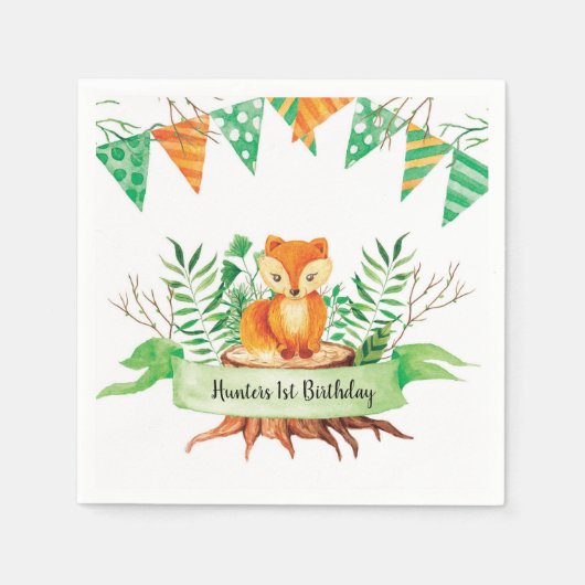Little Fox Forest Waterverf Birthday Party Custom Servetten (Voorkant)