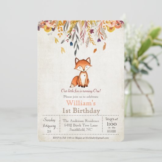 Little Fox Herfst 1e verjaardagsuitnodiging Kaart (Staand voorkant)