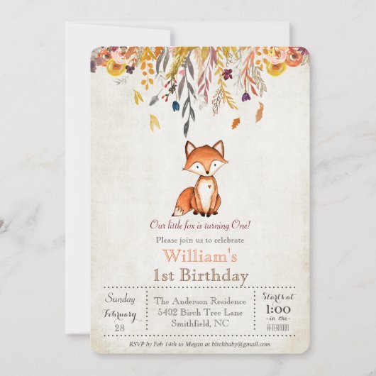 Little Fox Herfst 1e verjaardagsuitnodiging Kaart (Voorkant)