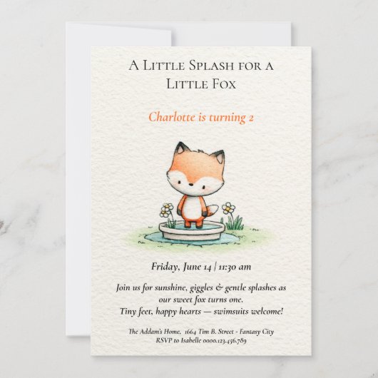 Little Fox Poolparty Verjaardagsuitnodiging Kaart (Voorkant)