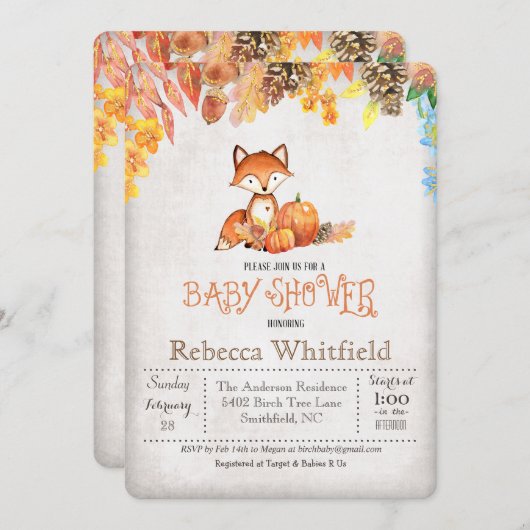 Little Fox Pumpkin Baby shower Invitation Kaart (Voorkant / Achterkant)