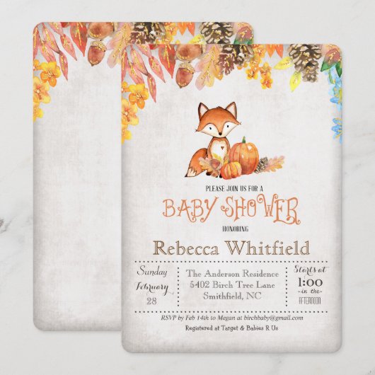 Little Fox Pumpkin Baby Shower Uitnodiging (Voorkant / Achterkant)