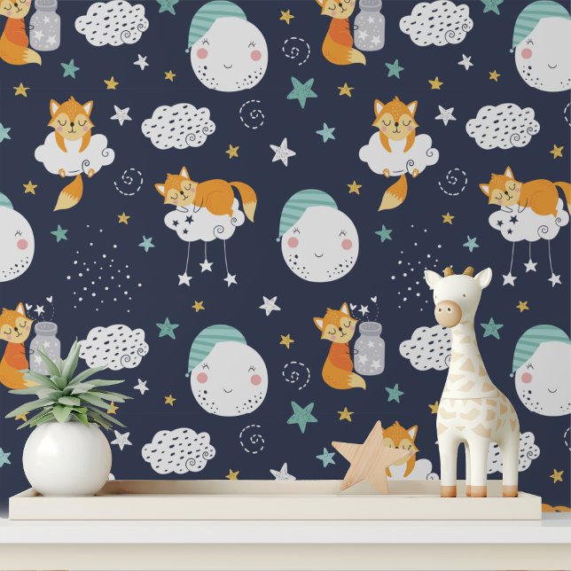 Little Fox Schattige Moon Stars Kinder Patroon Behang (Creator heeft geüpload)