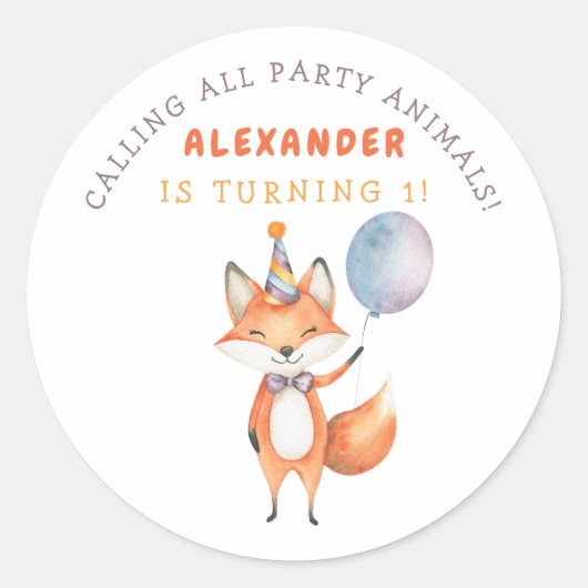 Little Fox verjaardagsfeestje Ronde Sticker (Voorkant)