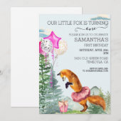 Little Fox Waterverf Woodland Pink Birthday Kaart (Voorkant / Achterkant)