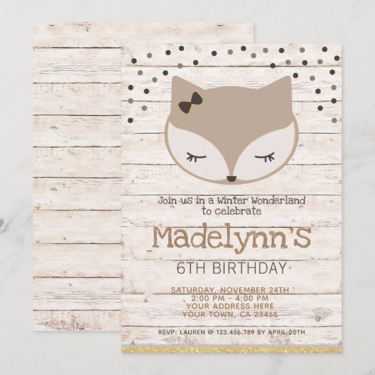 Little fox, wonderland Birthday Invitation Kaart (Voorkant / Achterkant)