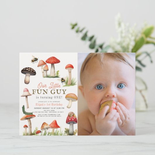 Little Fun Guy Mushroom Bee Boy Foto 1e verjaardag Kaart (Staand voorkant)