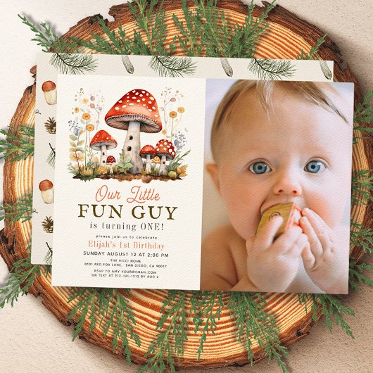 Little Fun Guy Mushroom Boy Foto 1e verjaardag Kaart