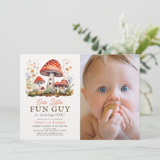 Little Fun Guy Mushroom Boy Foto 1e verjaardag Kaart (Staand voorkant)