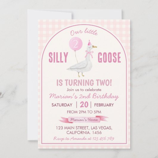 Little Gekke Goose Pink Gingham Girl Verjaardag Kaart (Voorkant)