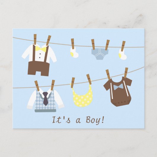 Little Gentleman Baby Boy Clothesline Aankondigingskaart (Voorkant)