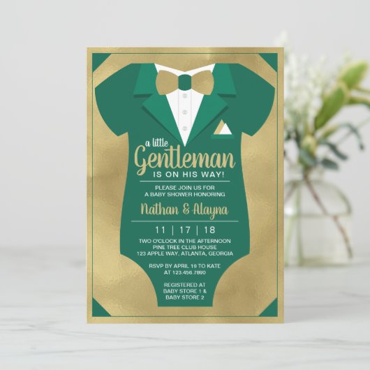 Little Gentleman Baby shower Invitation Tuxedo in Kaart (Staand voorkant)