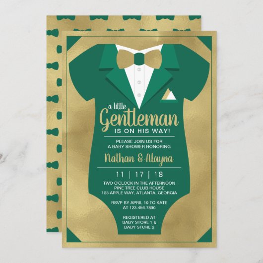 Little Gentleman Baby shower Invitation Tuxedo in Kaart (Voorkant / Achterkant)