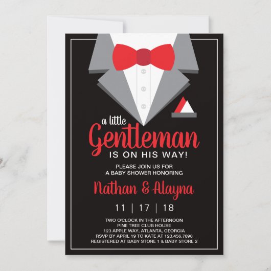 Little Gentleman Baby shower Invitation, Tuxedo Kaart (Voorkant)