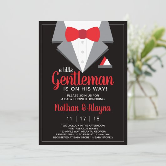 Little Gentleman Baby shower Invitation, Tuxedo Kaart (Staand voorkant)