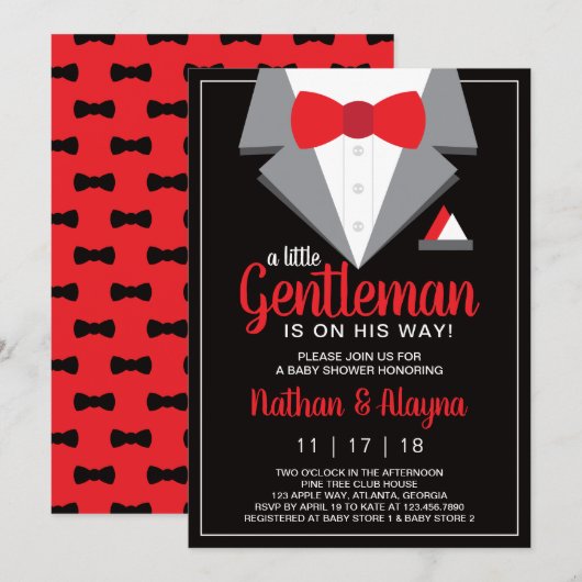 Little Gentleman Baby shower Invitation, Tuxedo Kaart (Voorkant / Achterkant)
