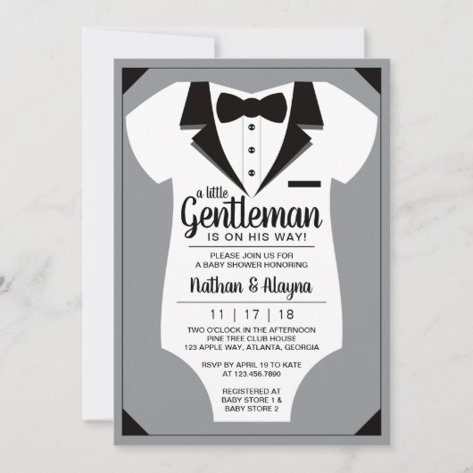 Little Gentleman Baby shower Invitation, Tuxedo Kaart (Voorkant)