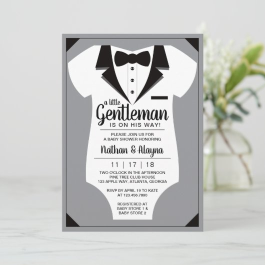 Little Gentleman Baby shower Invitation, Tuxedo Kaart (Staand voorkant)
