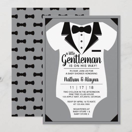 Little Gentleman Baby shower Invitation, Tuxedo Kaart (Voorkant / Achterkant)