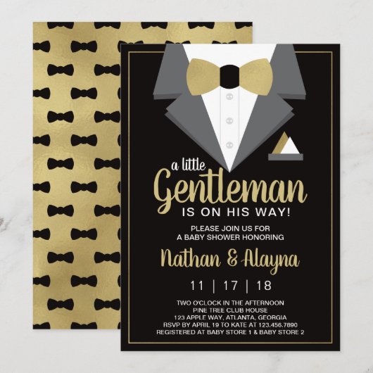Little Gentleman Baby shower Invitation, Tuxedo Kaart (Voorkant / Achterkant)