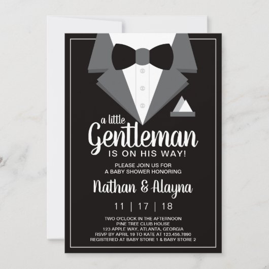 Little Gentleman Baby shower Invitation, Tuxedo Kaart (Voorkant)