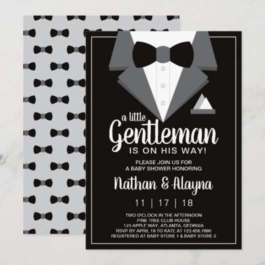 Little Gentleman Baby shower Invitation, Tuxedo Kaart (Voorkant / Achterkant)