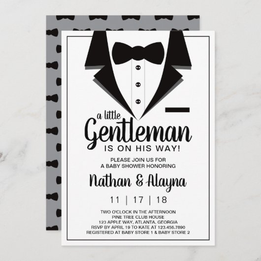 Little Gentleman Baby shower Invitation, Tuxedo Kaart (Voorkant / Achterkant)