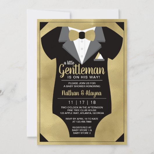 Little Gentleman Baby shower Invitation, Tuxedo Kaart (Voorkant)
