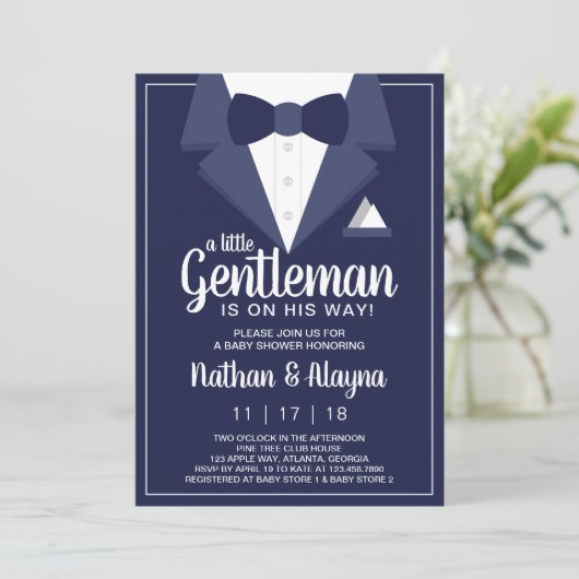 Little Gentleman Baby shower Invitation, Tuxedo Kaart (Staand voorkant)