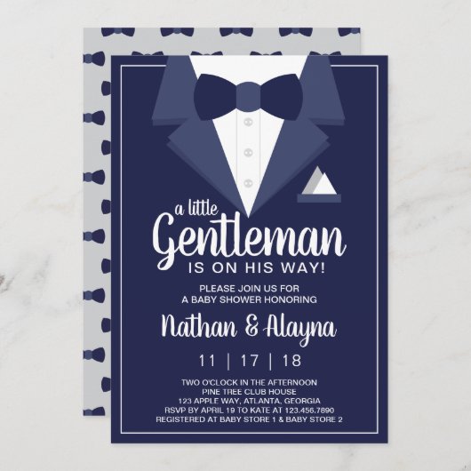 Little Gentleman Baby shower Invitation, Tuxedo Kaart (Voorkant / Achterkant)