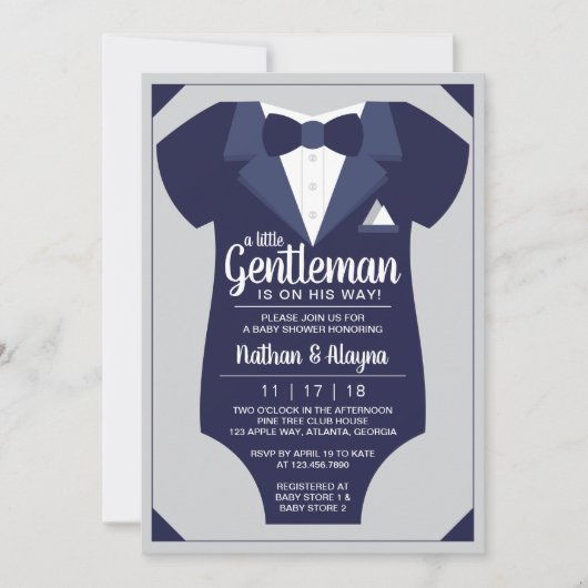 Little Gentleman Baby shower Invitation, Tuxedo Kaart (Voorkant)