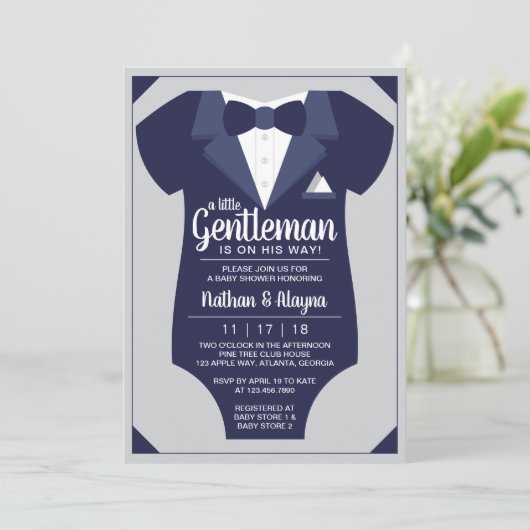 Little Gentleman Baby shower Invitation, Tuxedo Kaart (Staand voorkant)