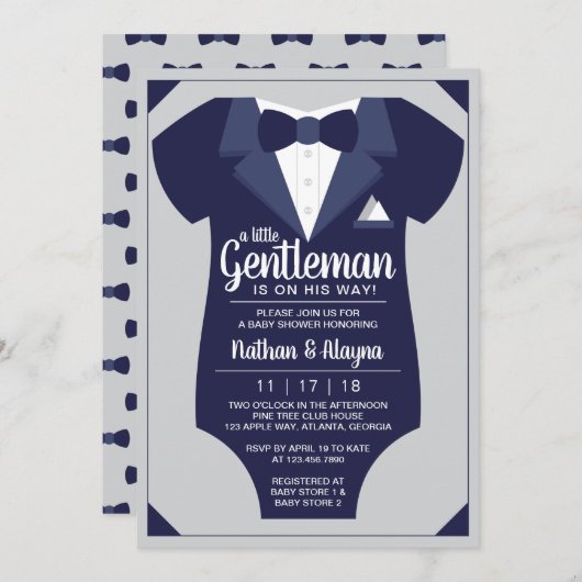 Little Gentleman Baby shower Invitation, Tuxedo Kaart (Voorkant / Achterkant)