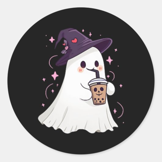 Little Ghost Ice Coffee Spooky Seizoen Schattige G Ronde Sticker (Voorkant)