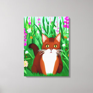 Little Ginger Brown Kat in een bloemenveld Canvas Afdruk