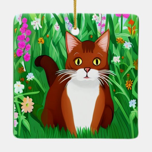 Little Ginger Brown Kat in een bloemenveld Keramisch Ornament (Achterkant)