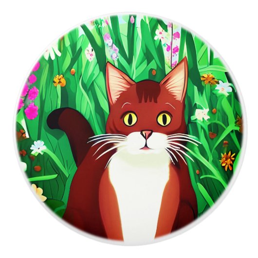 Little Ginger Brown Kat in een bloemenveld Keramische Knop (Voorkant)