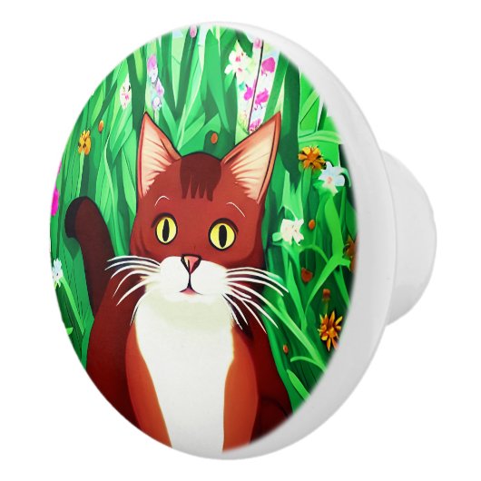 Little Ginger Brown Kat in een bloemenveld Keramische Knop (Rechts)