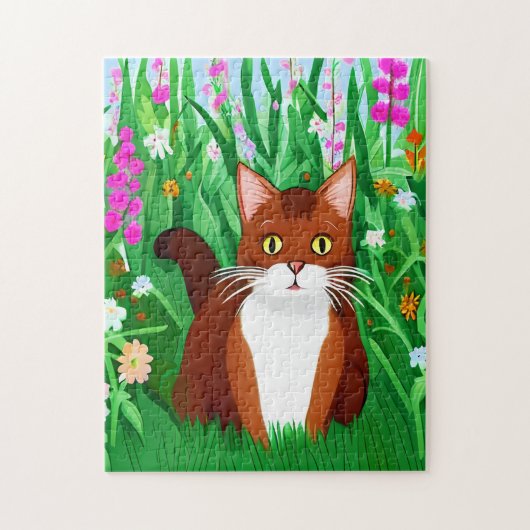 Little Ginger Brown Kat in een bloemenveld Legpuzzel (Verticaal)