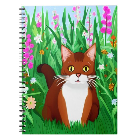 Little Ginger Brown Kat in een bloemenveld Notitieboek (Voorkant)