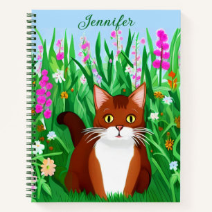 Little Ginger Brown Kat in een bloemenveld Notitieboek