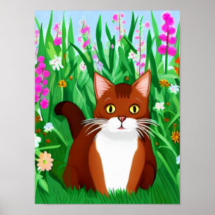 Little Ginger Brown Kat in een bloemenveld Poster