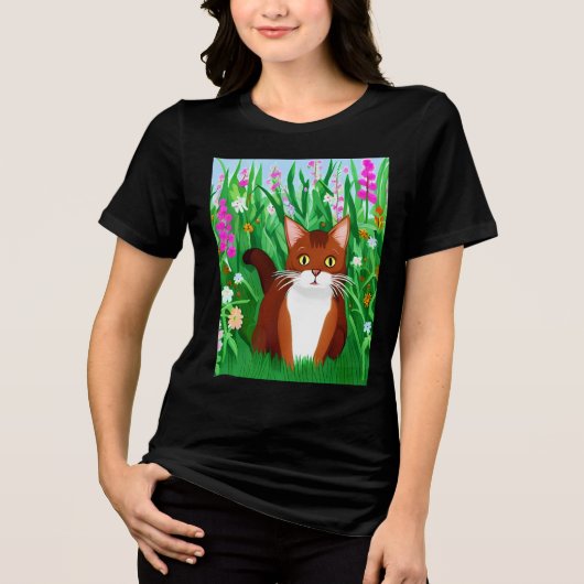 Little Ginger Brown Kat in een bloemenveld Tri-Blend Shirt (Voorkant)