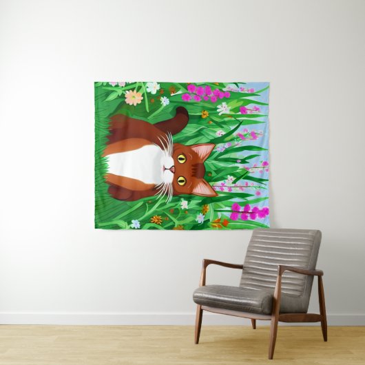 Little Ginger Brown Kat in een bloemenveld Wandkleed (In Situ (horizontaal))