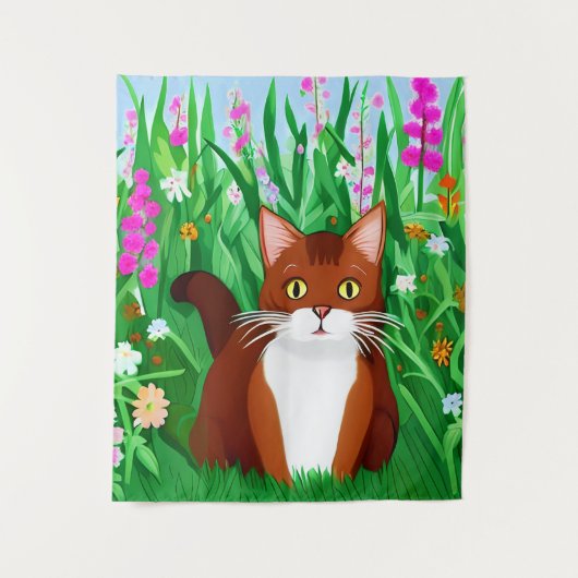 Little Ginger Brown Kat in een bloemenveld Wandkleed (Voorkant)
