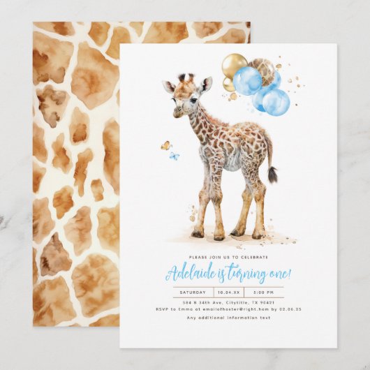 Little Giraffe Blue en Brown Boho Birthday Kaart (Voorkant / Achterkant)