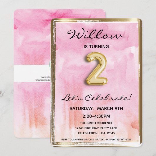 Little Girl 2e verjaardag Pink and Gold Kaart (Voorkant / Achterkant)