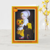 Little Girl and Black Cat Halloween Kaart (Gele Bloem)