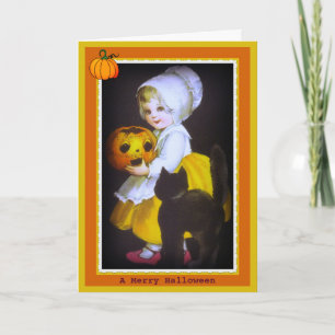 Little Girl and Black Cat  Halloween Kaart